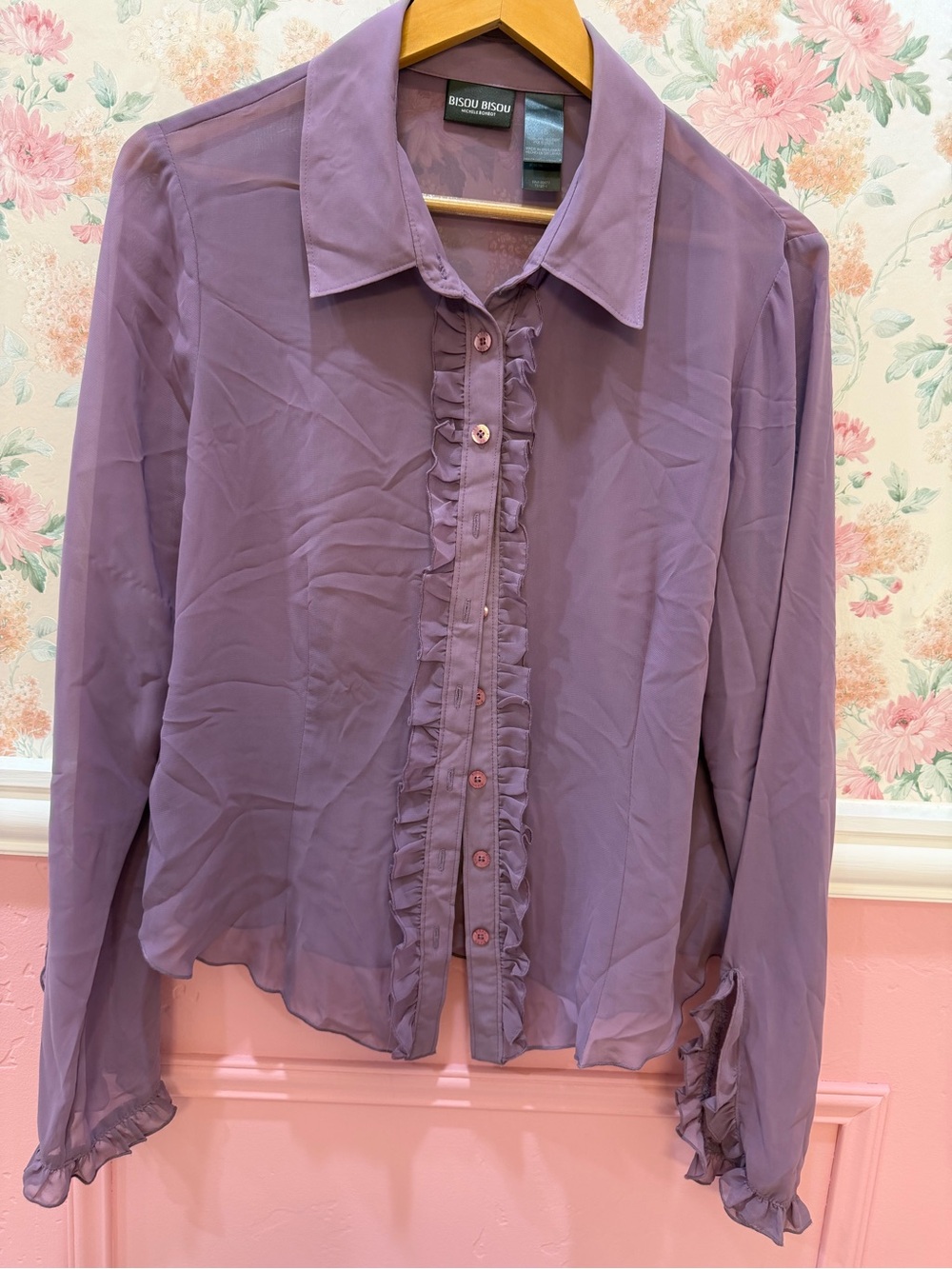 Bisou Bisou Lavender Ruffle Button-Down Blouse